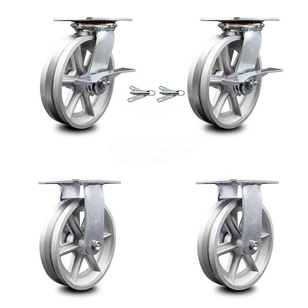 8 Inch V Groove Semi Steel Caster Brakes/Swivel Locks and 2 Rigid SCC, 2PK